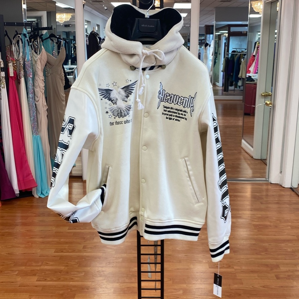 Ivory and black baseball jacket with detachable hood
